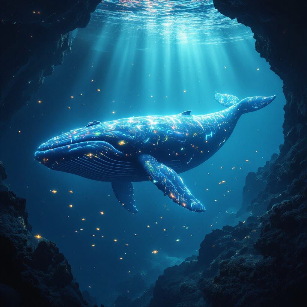 Bioluminescent Whale in Underwater Canyon, Photorealistic St...