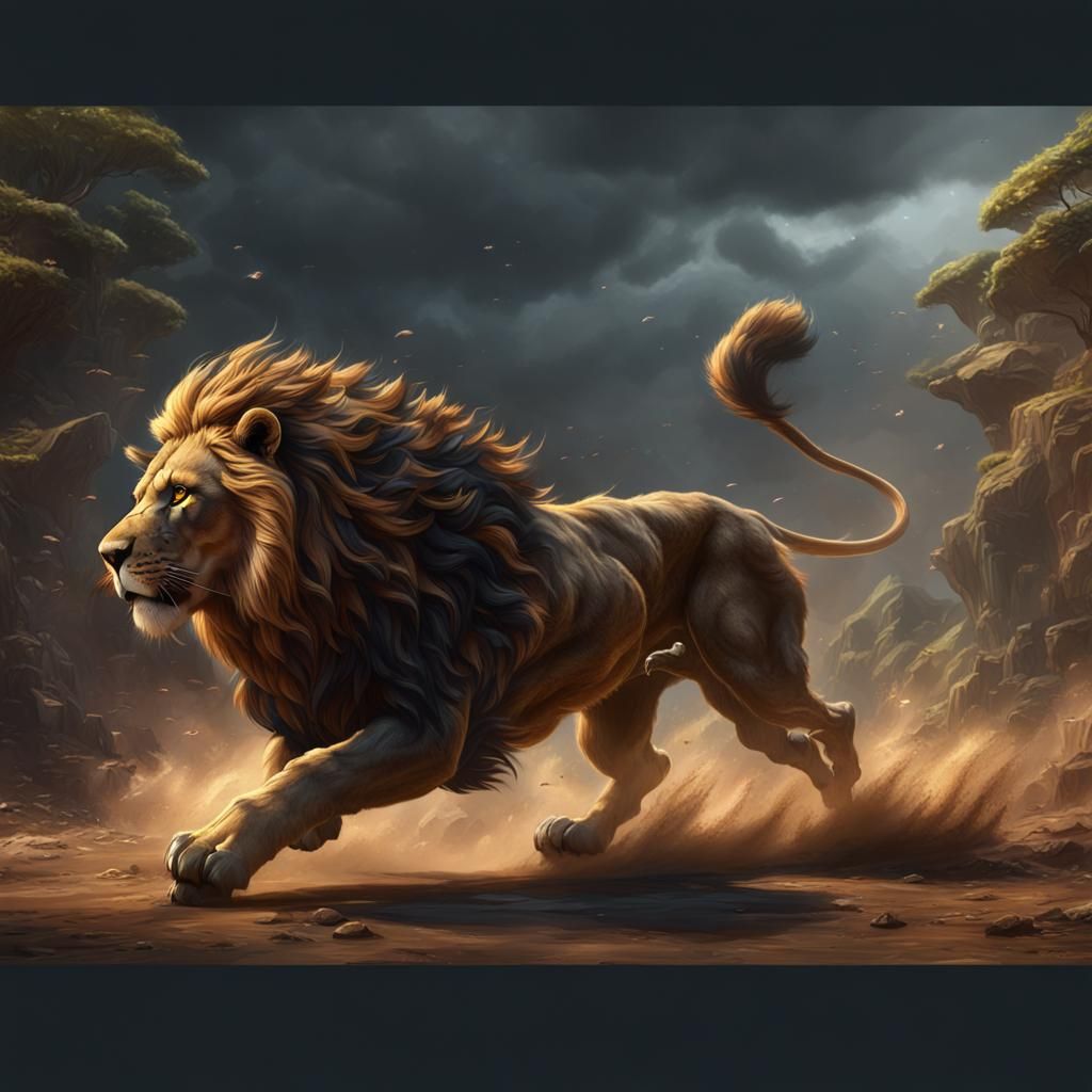 Majestic Lion in Vibrant Fantasy Landscape
