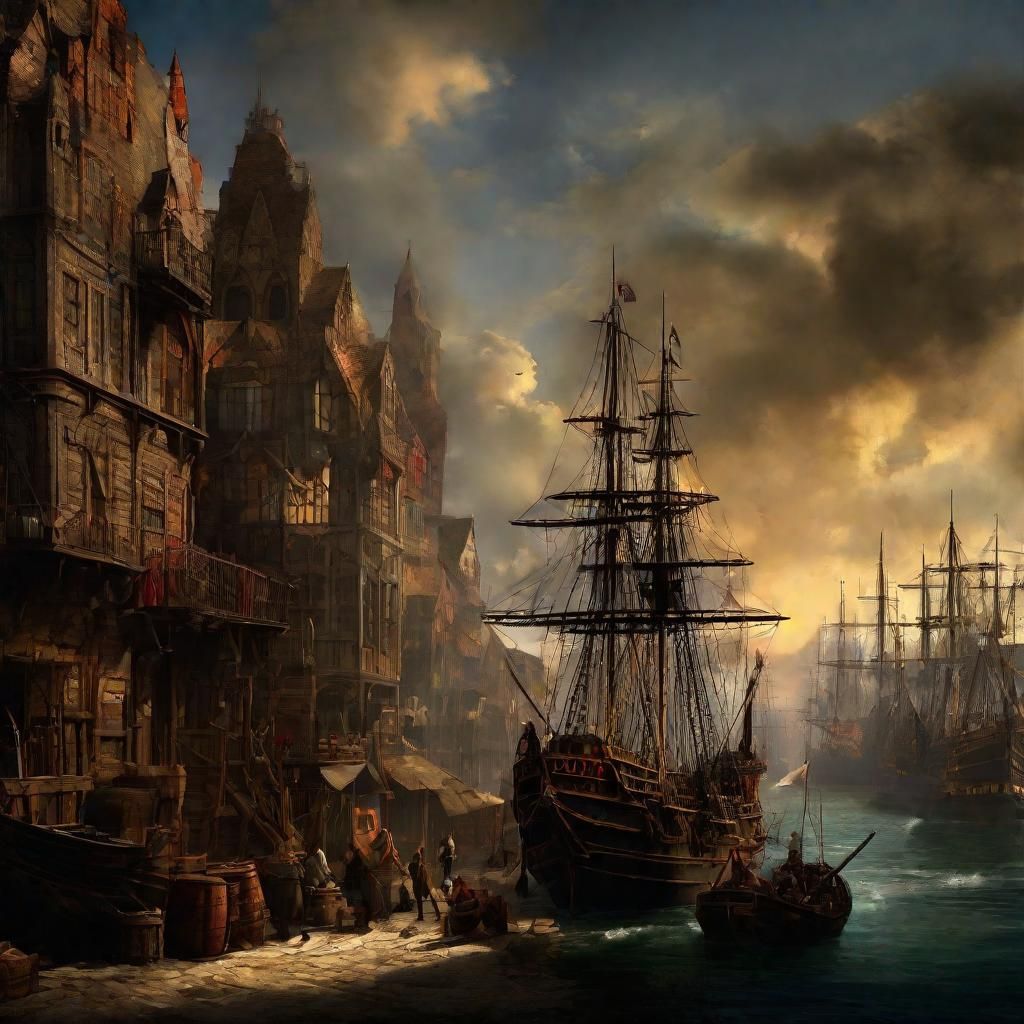 Vibrant 17th Century Seaport Scene in Gothic Style