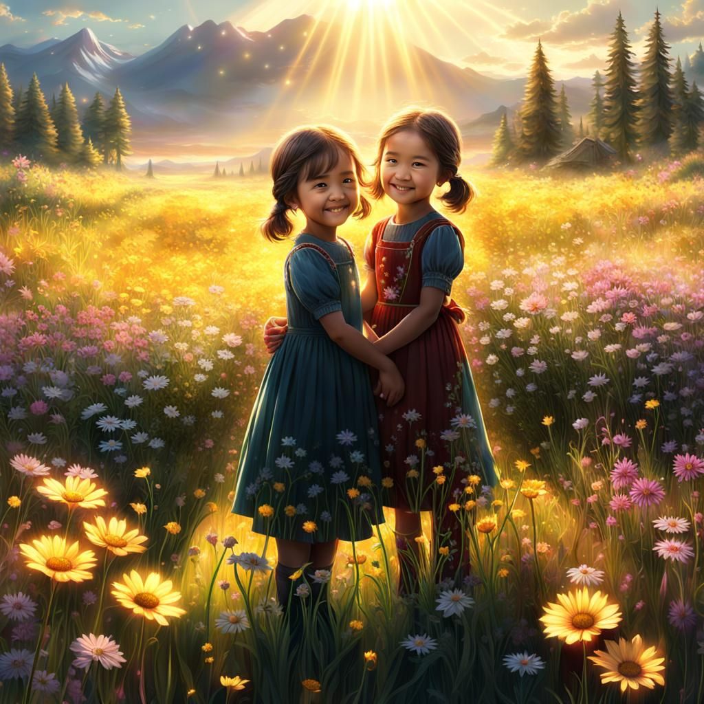 Child and Sister in Vibrant Meadow Sunset