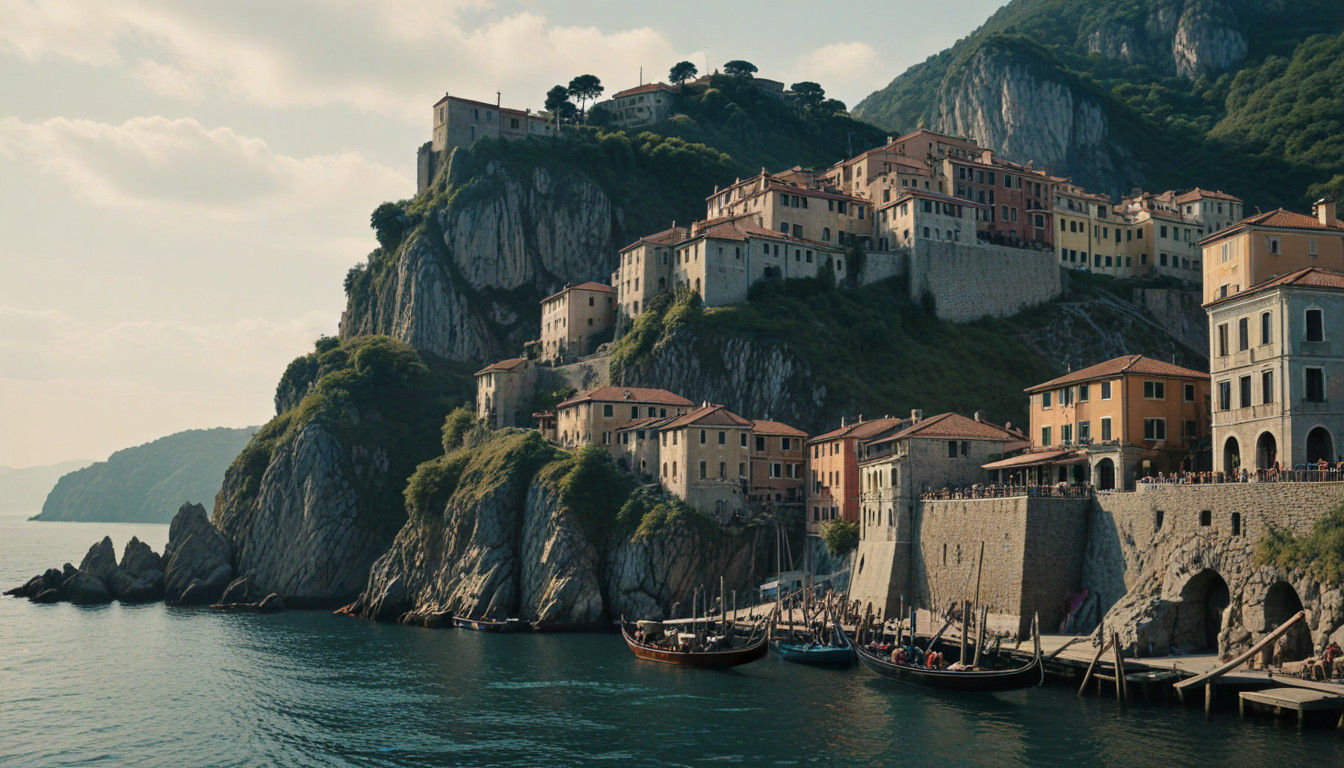 Epic Cinematic Gondola Docks on Rocky Island