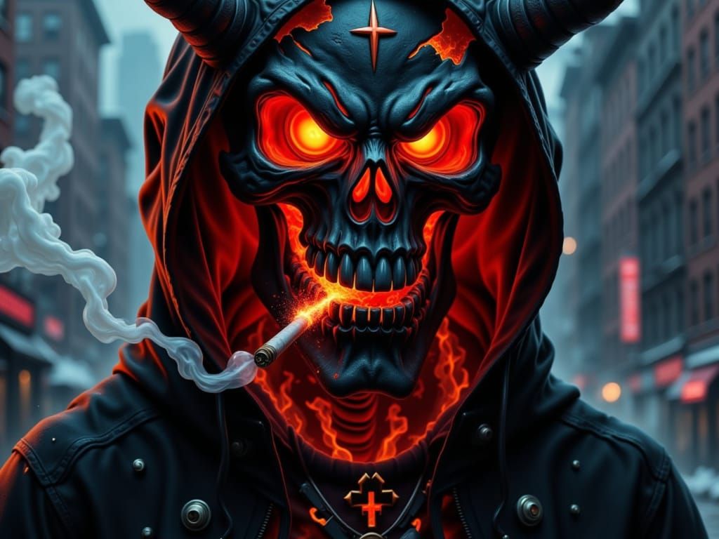 Demonic Humanoid with Lava Skin in Dystopian City