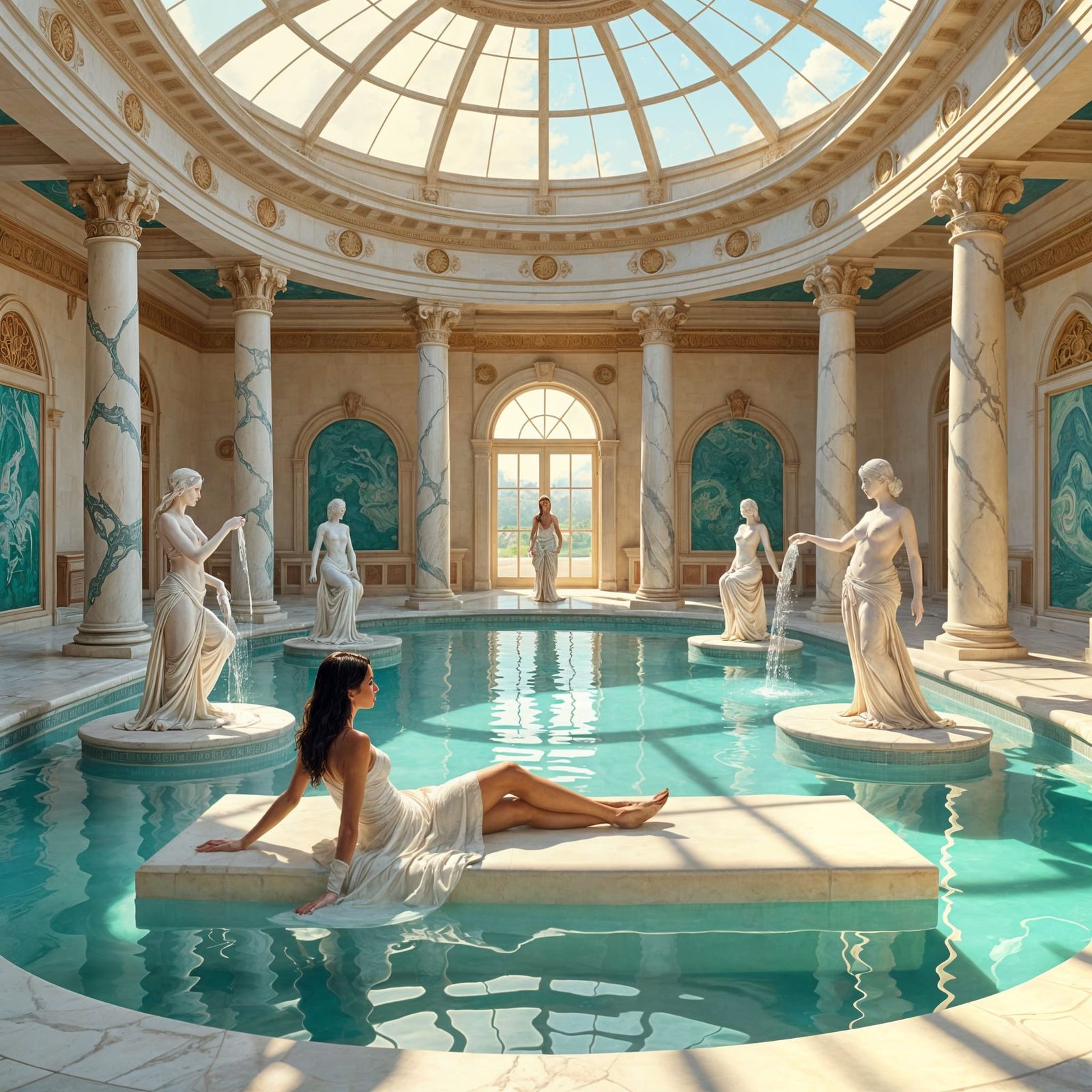 Sunlit Greek Bathhouse in Art Nouveau Style