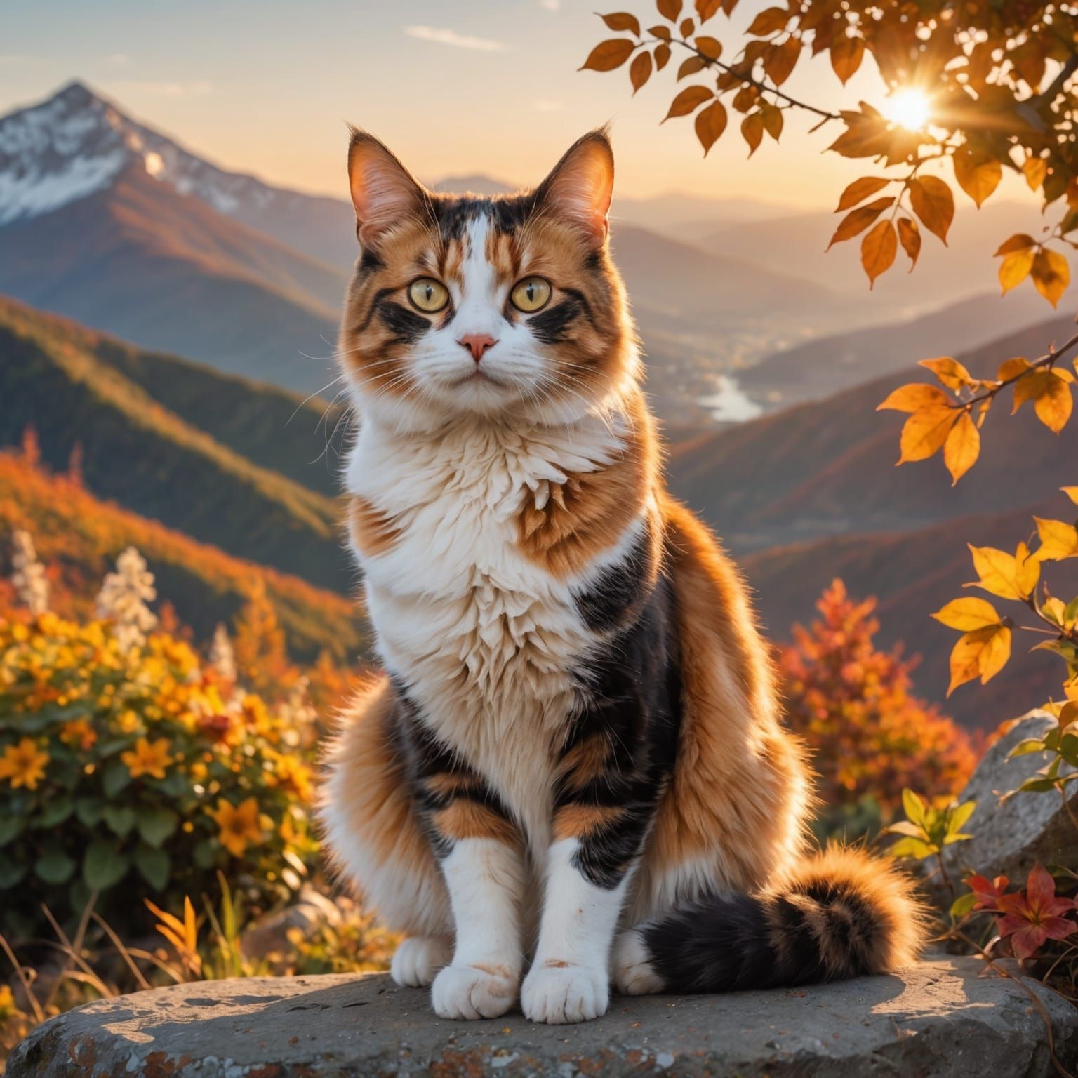 Golden Hour Elegance: Calico Cat in Serene Autumn Wonderland