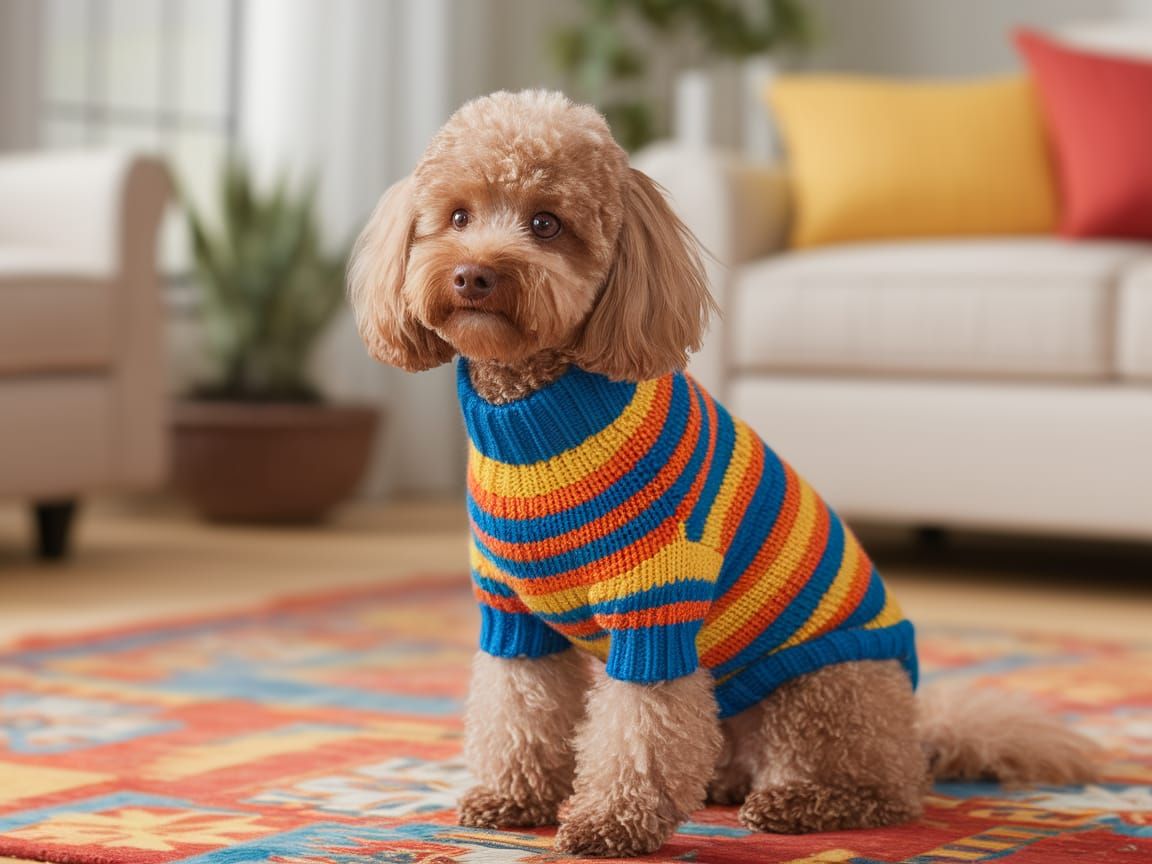 Cozy Poodle Wears Hand-Knit Sweater on Colorful Rug