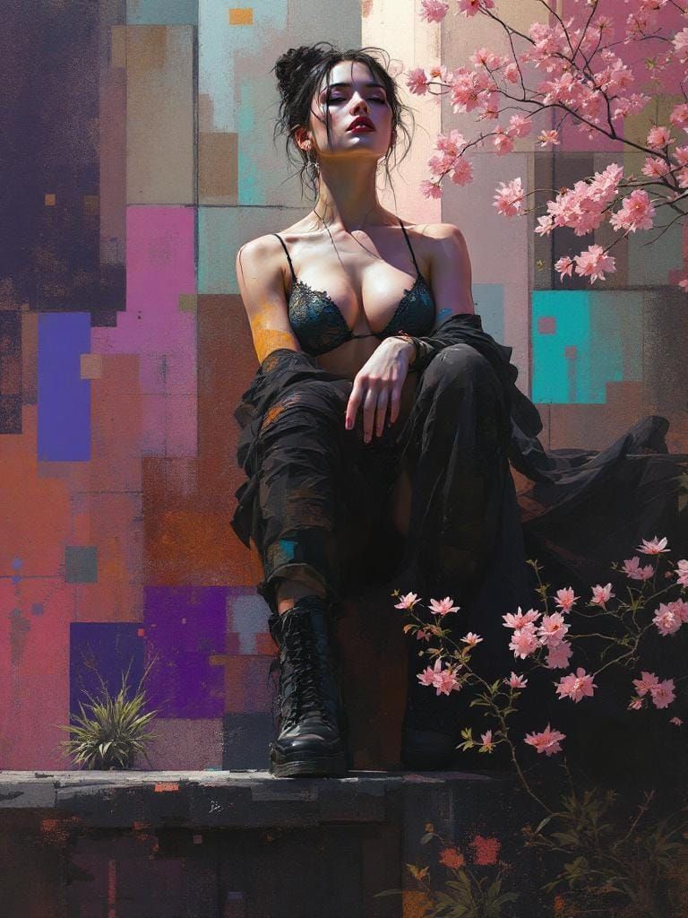 Abstract Pin-Up Fusion in Digital Brushwork Style