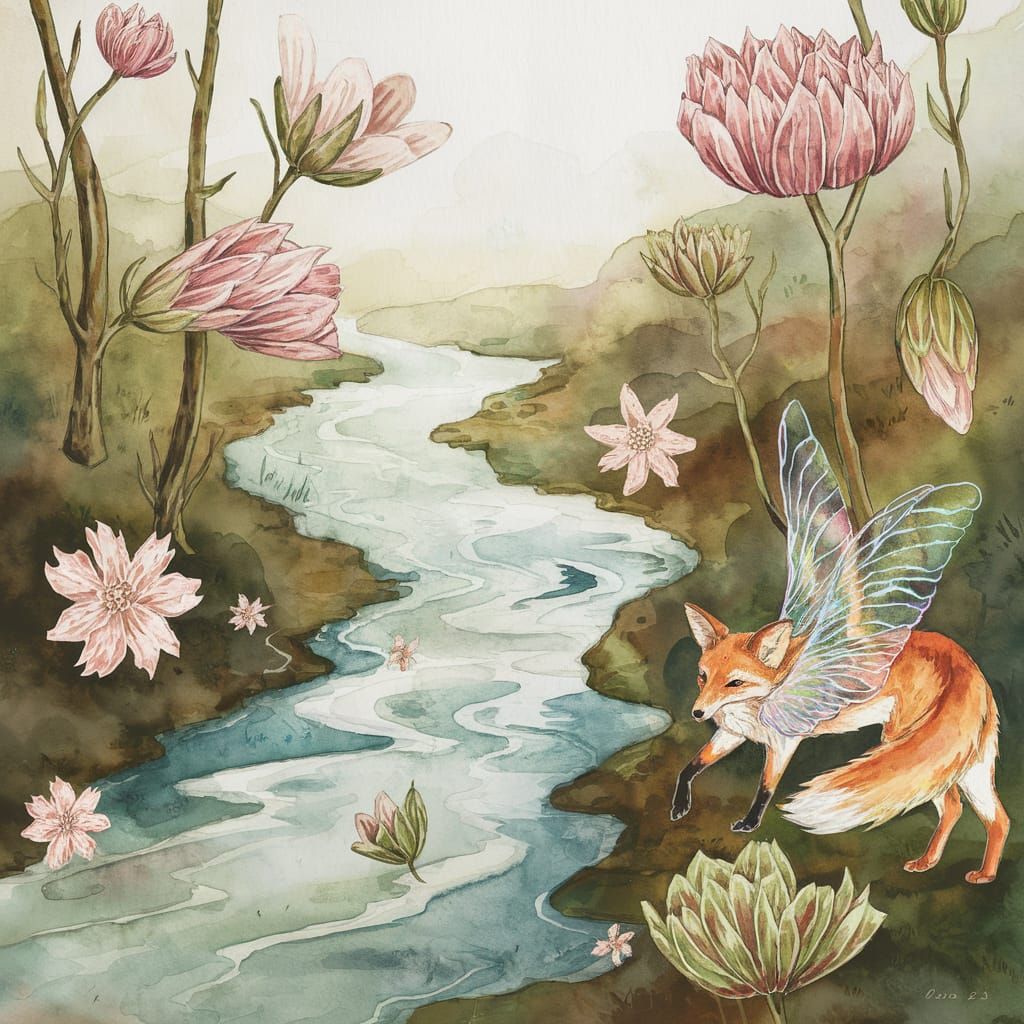 Surreal Watercolor Dreamscape with Floating Trees and Whimsi...