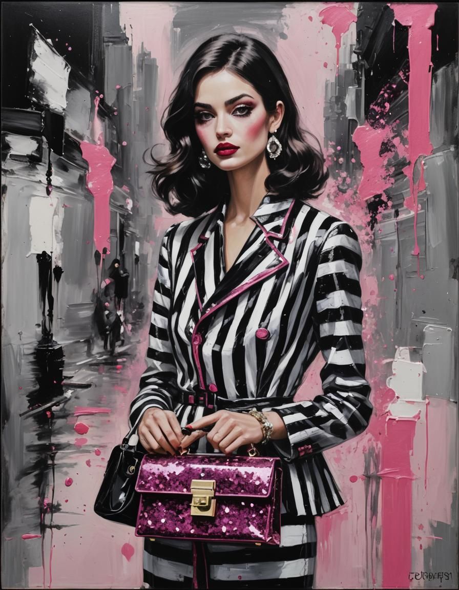 Glamorous French Fashion in Black and White Stripes with Dar...