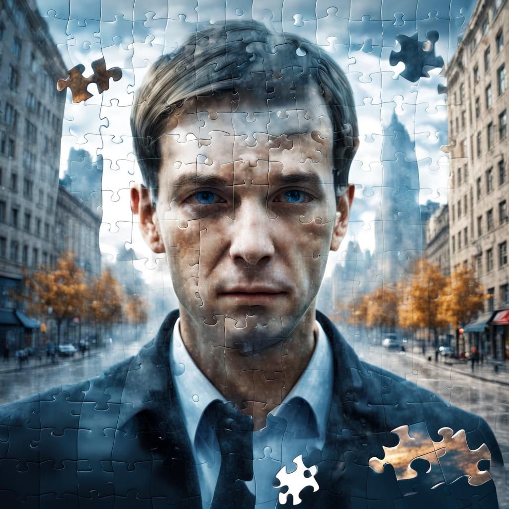 3D puzzle background cityscape depicting a man. Double expos...