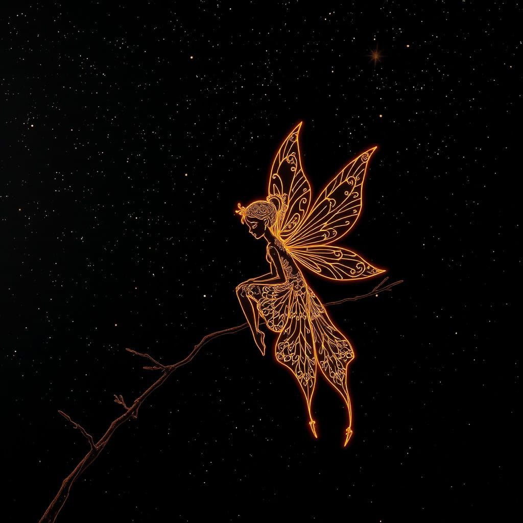 Neon Fairy Illuminates Dark Night Sky