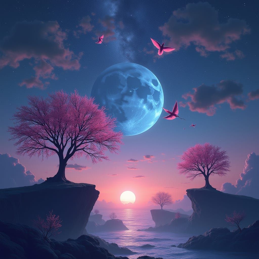 Ethereal Universe Scene with Neon Trees