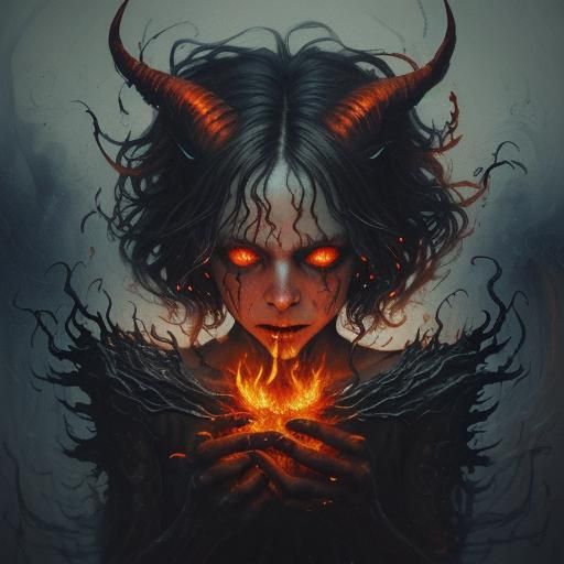 Ethereal Fire Demon Amidst Starry Night Sky