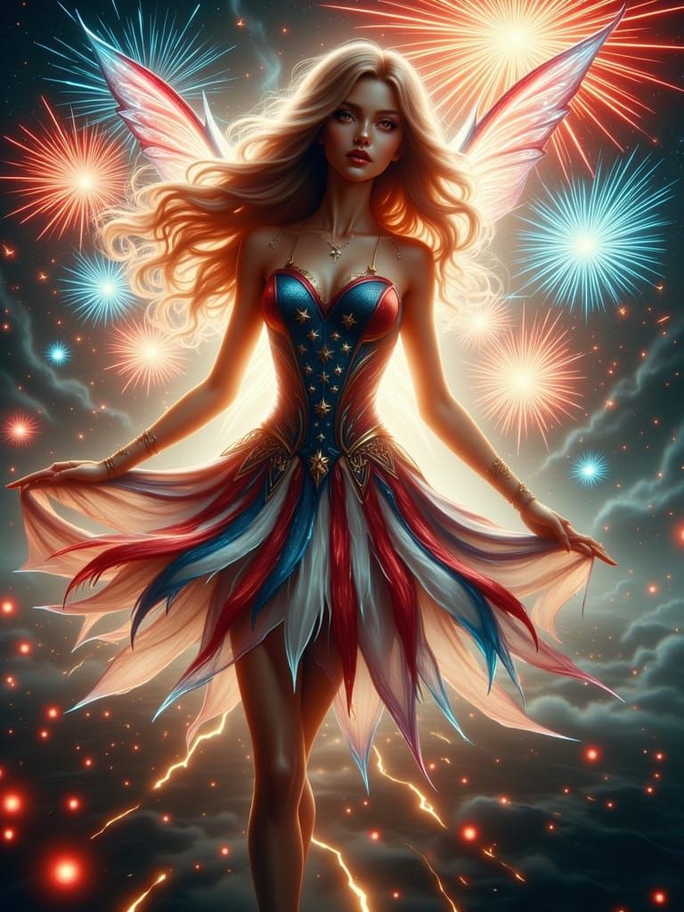 Female Winged independence day inspired fairy, red, white & blue stars and stripes background <lora:Glowing Flex Runes:1...