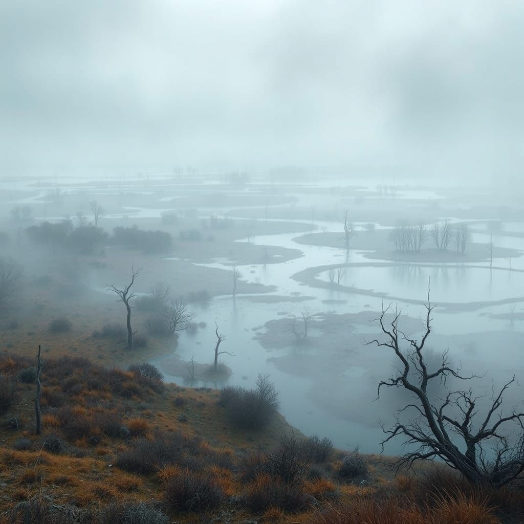 Ethereal Wetlands Landscape in a Cyberpunk Aesthetic