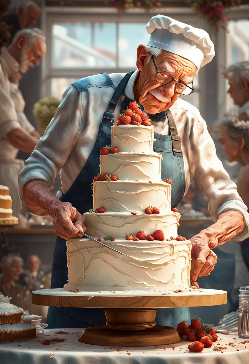 Elderly Baker's Masterful Wedding Cake Decoration