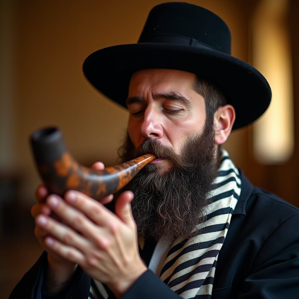 Devout Hasidic Jew Blows Shofar in Intense Moment