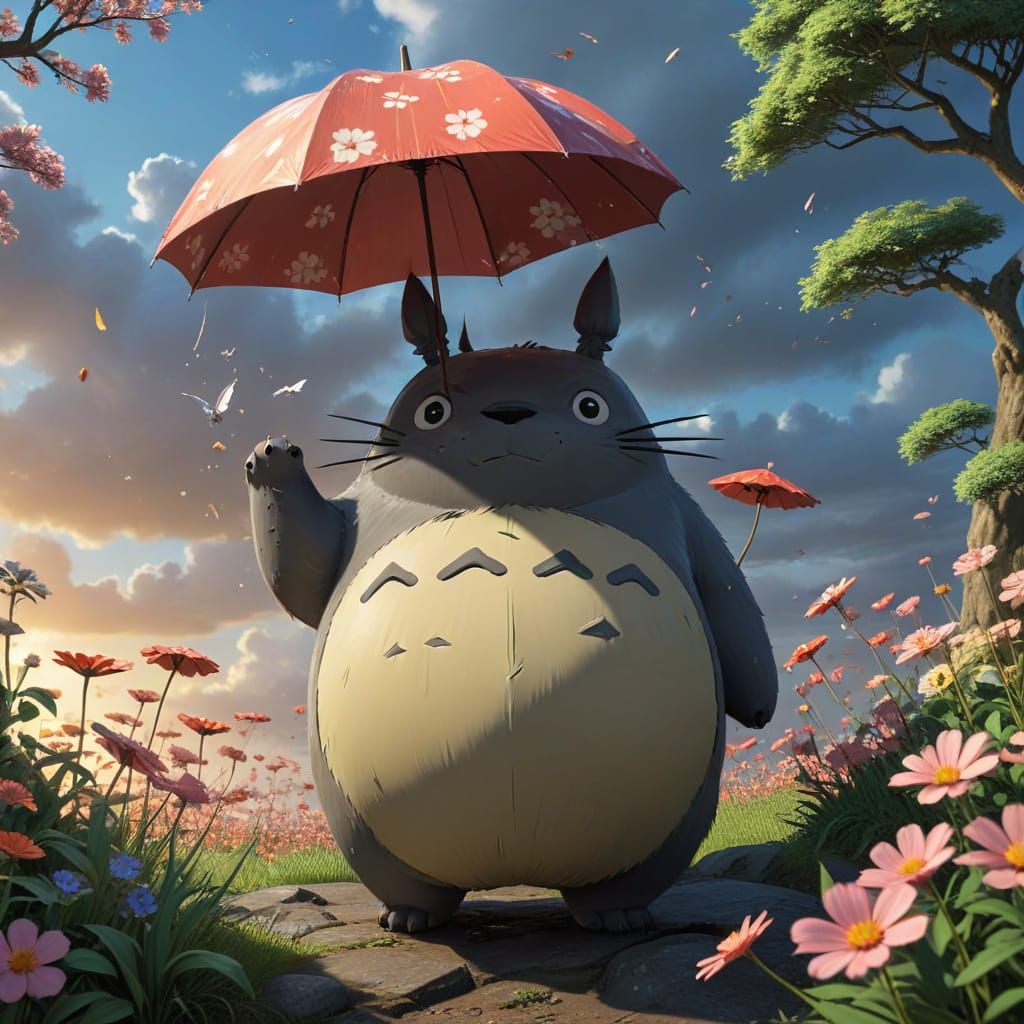 Manga-Inspired Totoro Soars in Golden Light with Friends
