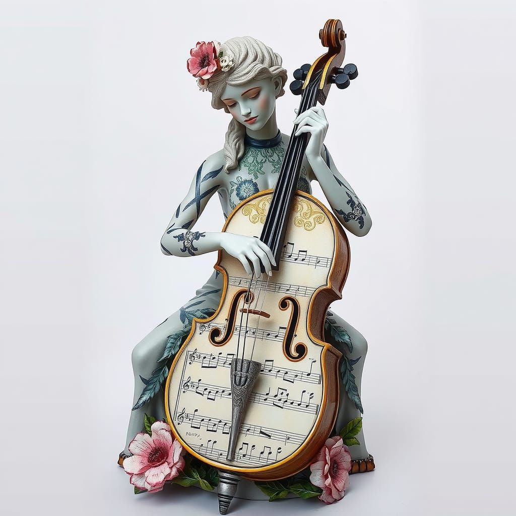 Ethereal Ceramic Cello Player in Geometric Abstraction