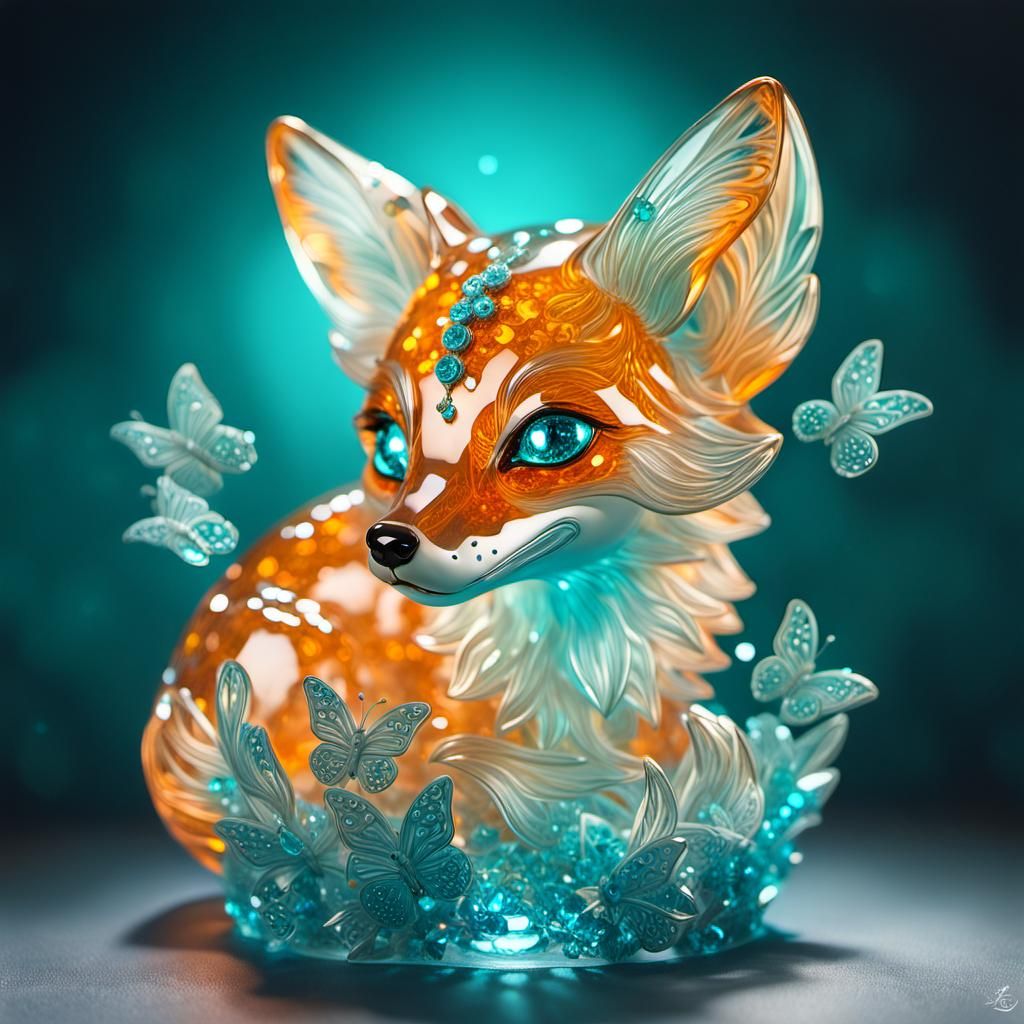 Magical Crystal Glass Artwork of Baby Fox in Fantasy World