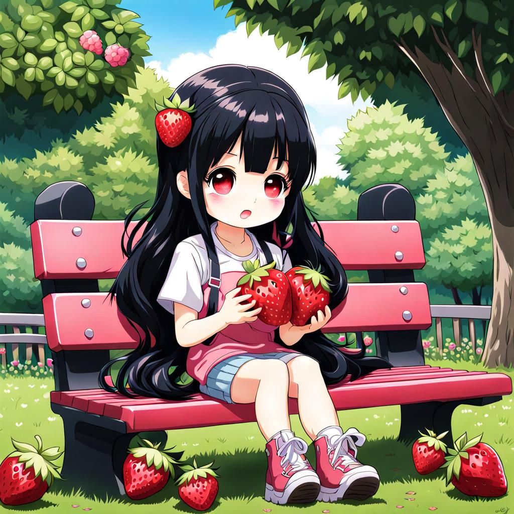 Chibi Anime Girl Eats Fruits on a Park Bench