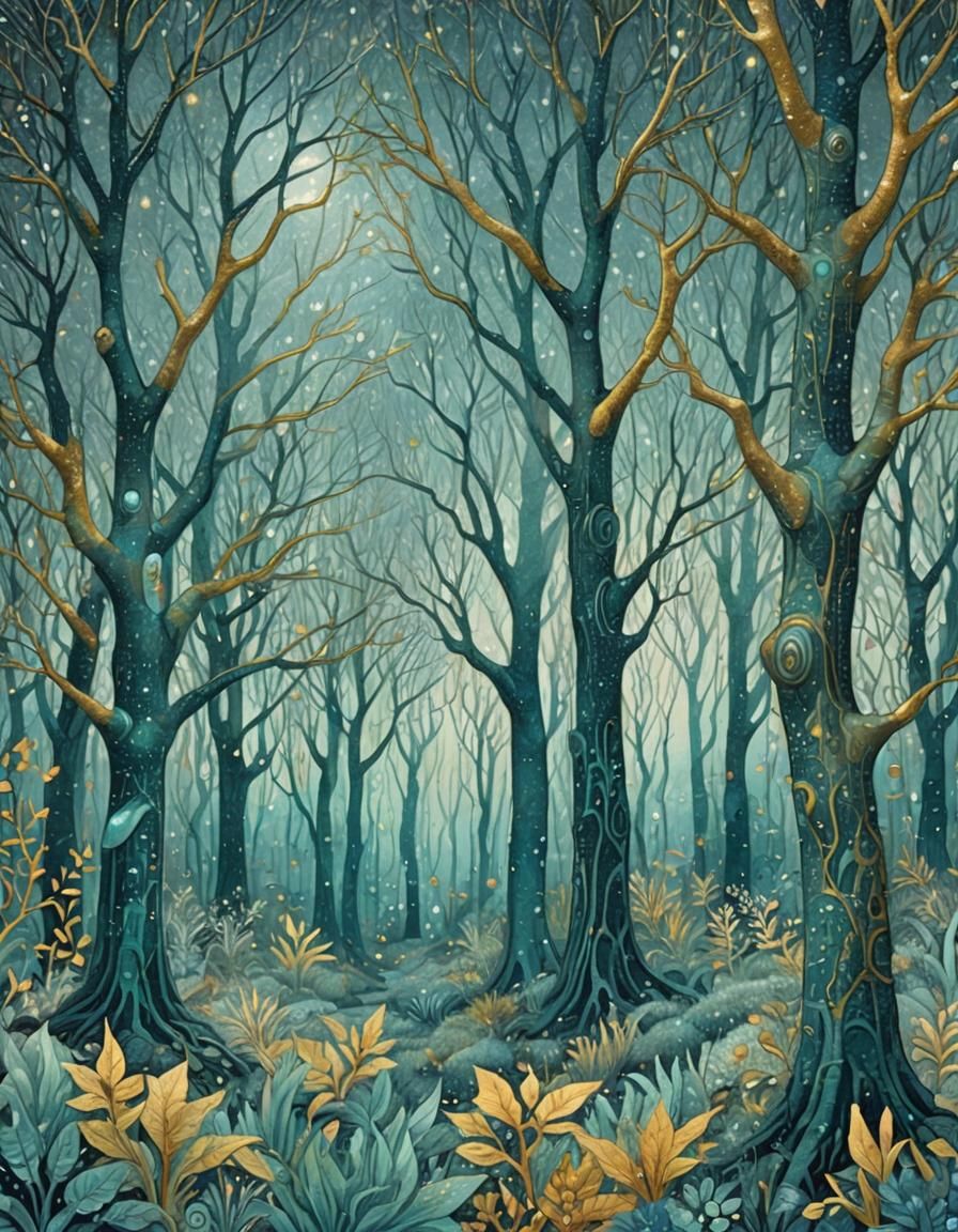 Whimsical Aquamarine Forest in Art Brut Style, Inhabited by....