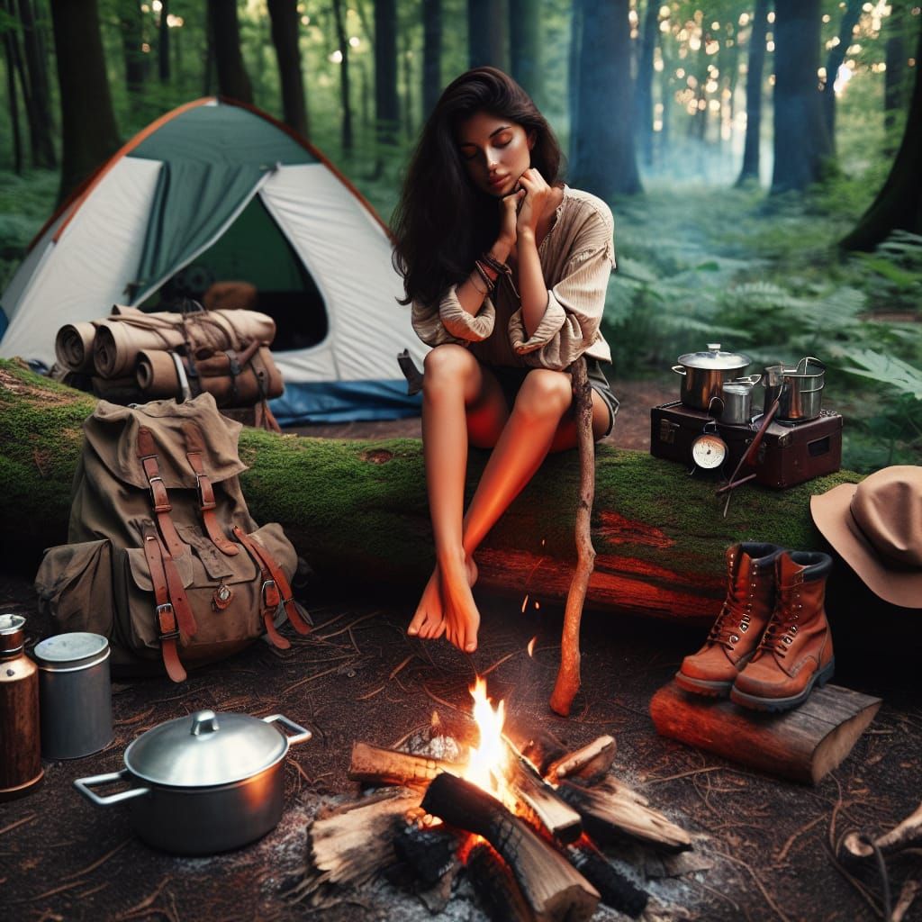 Woman Finds Peace in Lush Forest Campsite
