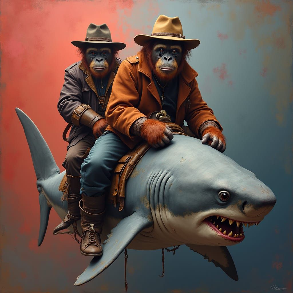 Orangutans Ride Shark in Hyperrealistic Matte Painting