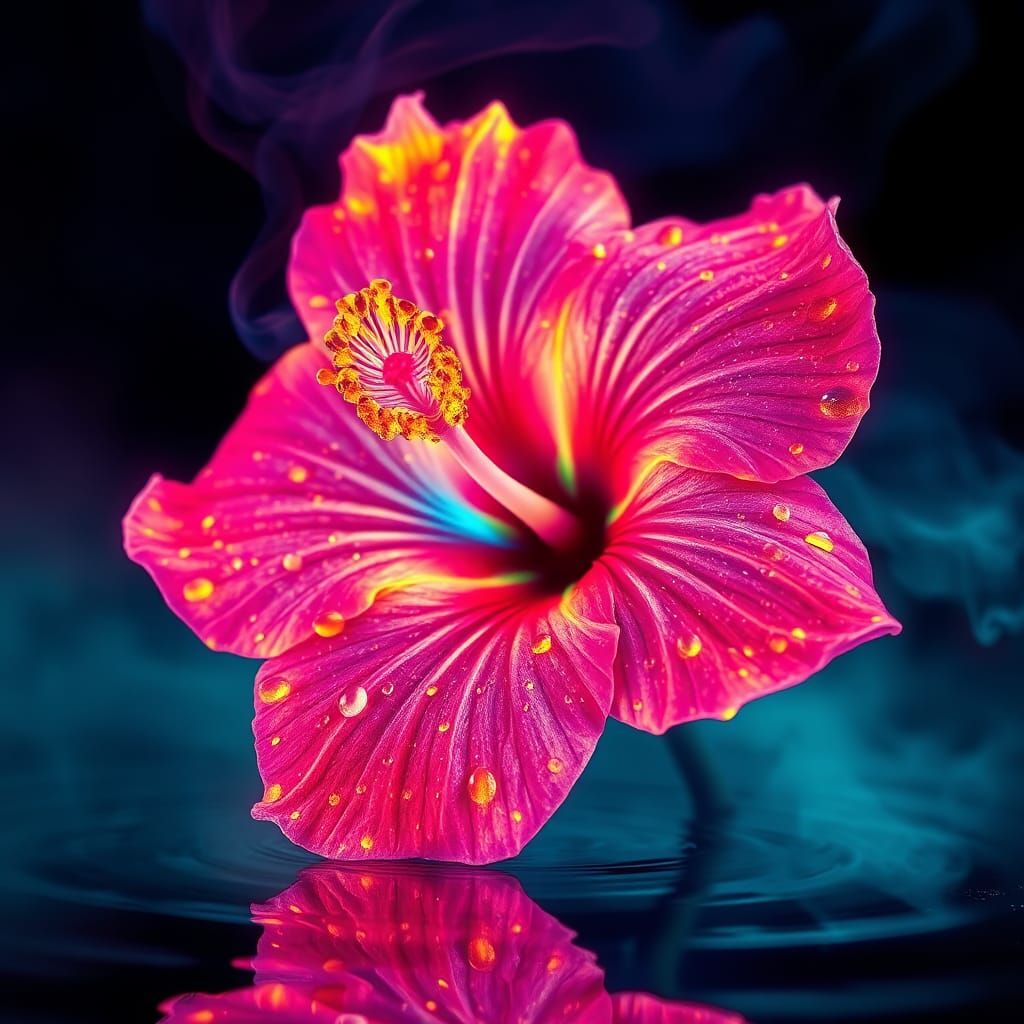 Vibrant, Glowing Hibiscus Blooms with Ethereal Deer