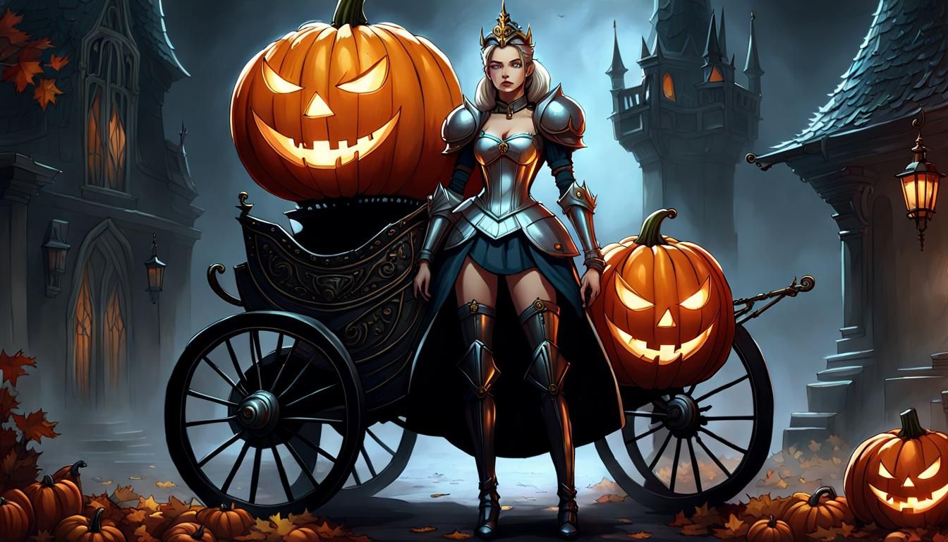 Dark Cinderella Warrior in Glass Armor Beside a Haunted Pump...