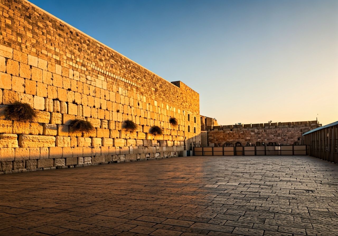Serene Western Wall at Sunrise: Golden Light and Shadows