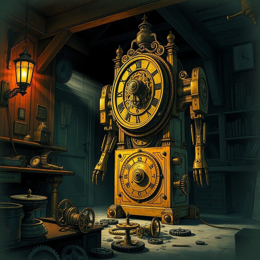 Clockwork Automaton in Gaslit Victorian Workshop
