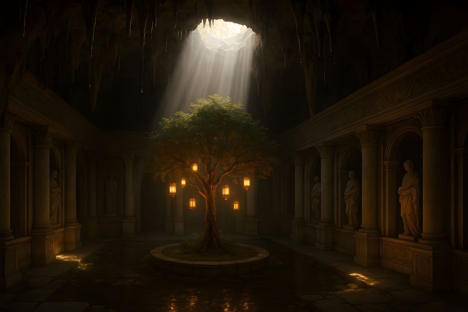 Serene Cave with Lantern-Lit Tree and Godrays