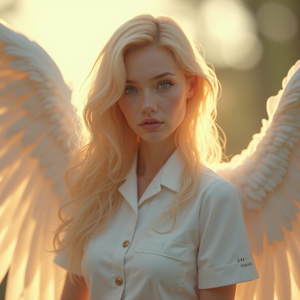 Ethereal Blonde Nurse with Angel Wings
