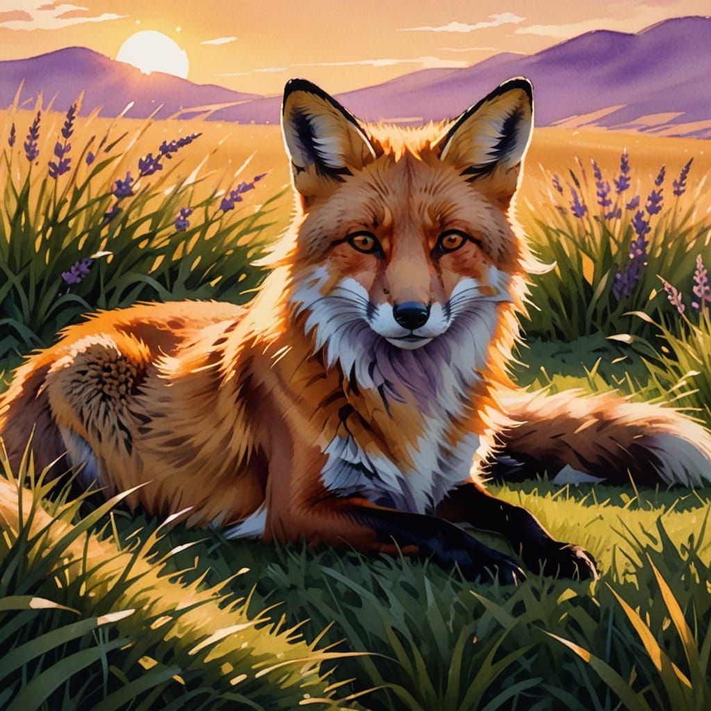 Fox in Sun-Warmed Grass, Dreamy Watercolor Style