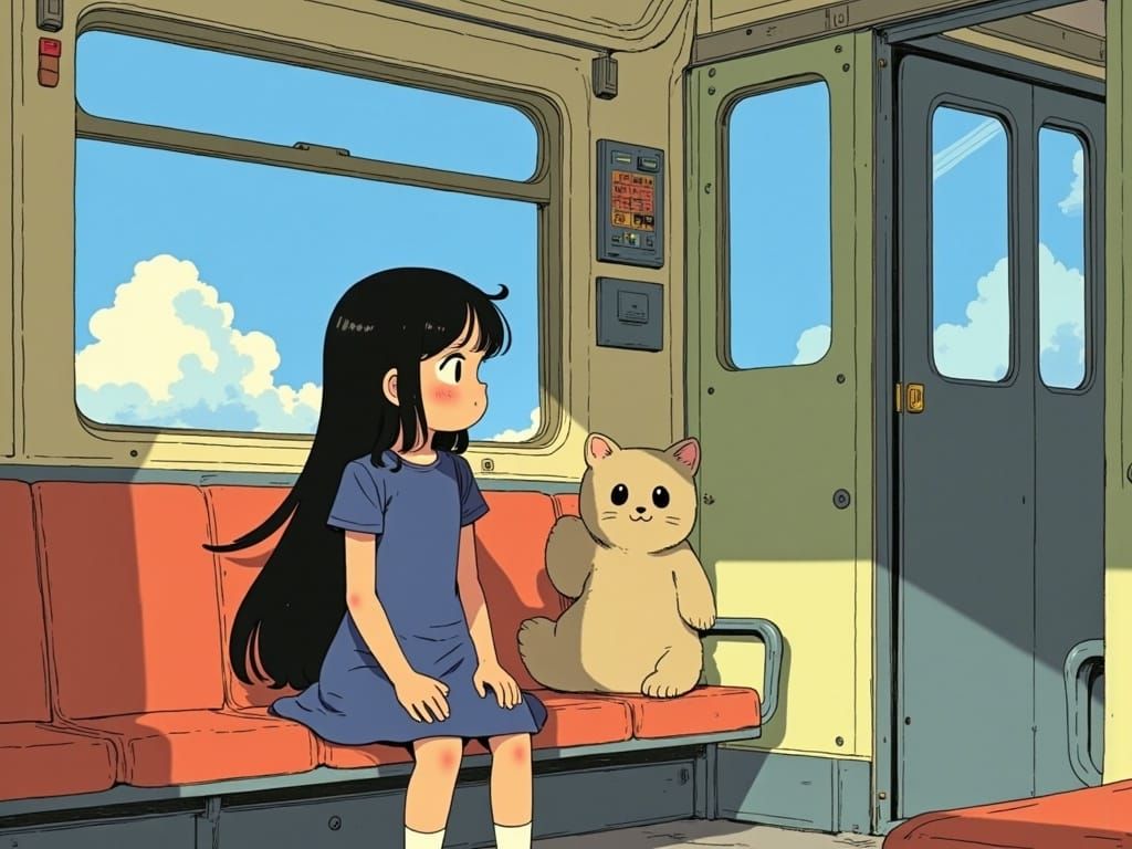 Whimsical Anime Art of Chihiro and No Face on a Train