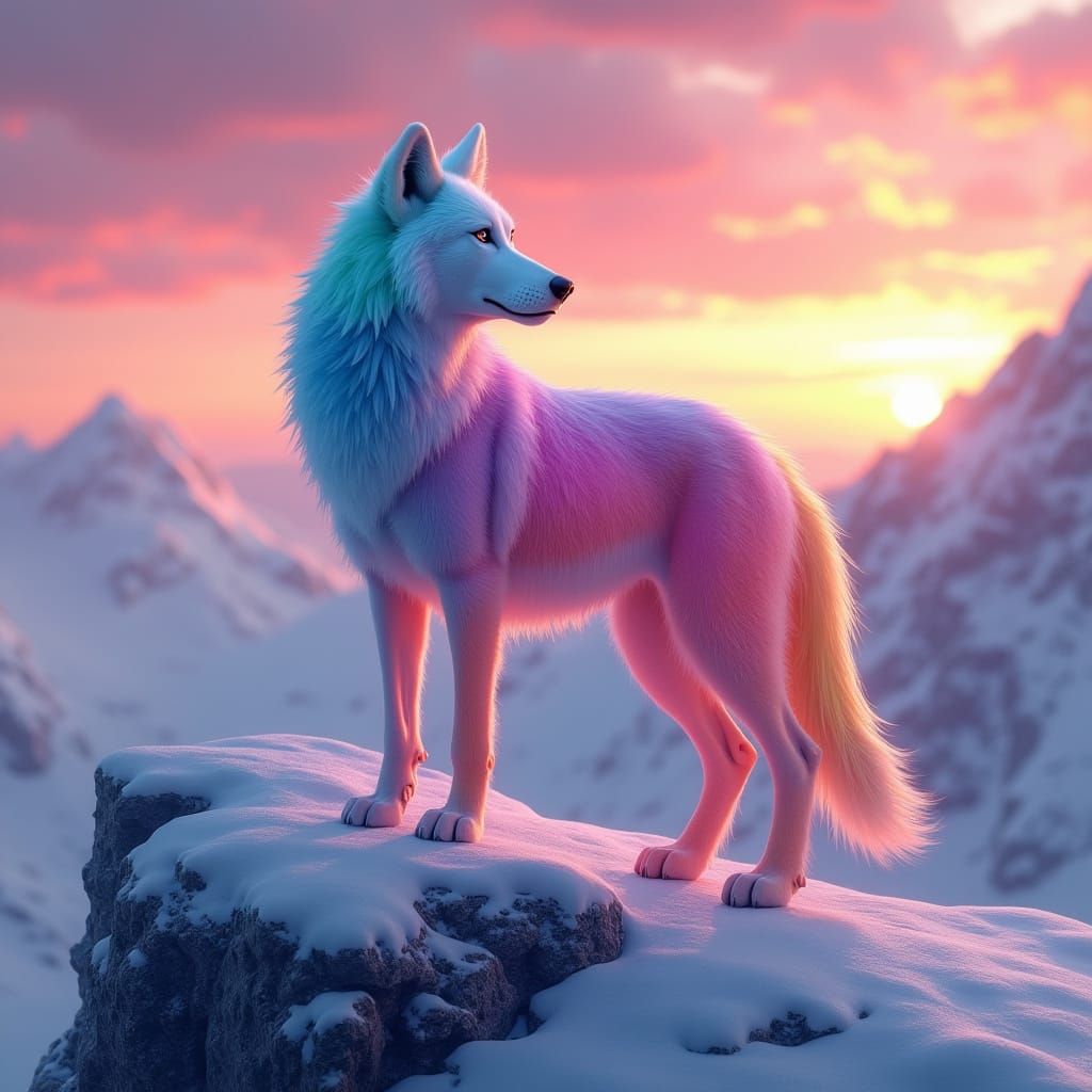 Majestic Rainbow Wolf on Snowy Mountain Peak