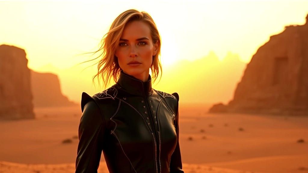 Glittering Black Leather Suit Lady in Wadi Rum Sunset