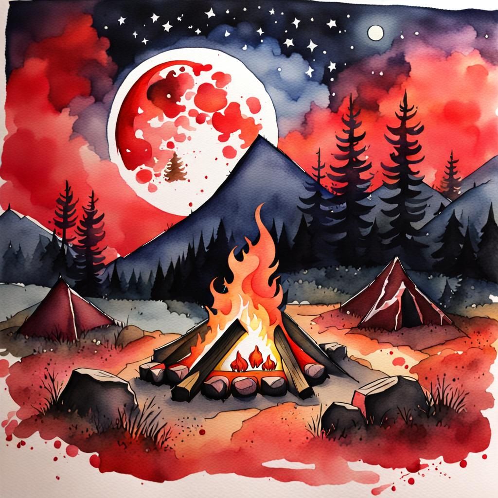 Blood Moonlit Campfire in Ethereal Watercolour Dreamscape