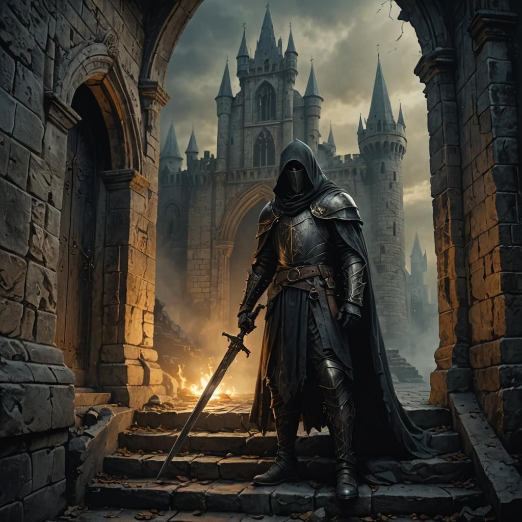 Gothic Knight in Tattered Armor Stands Guard