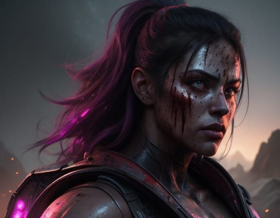 Muscular Woman Covered in Mud and Blood in Galaxyscape