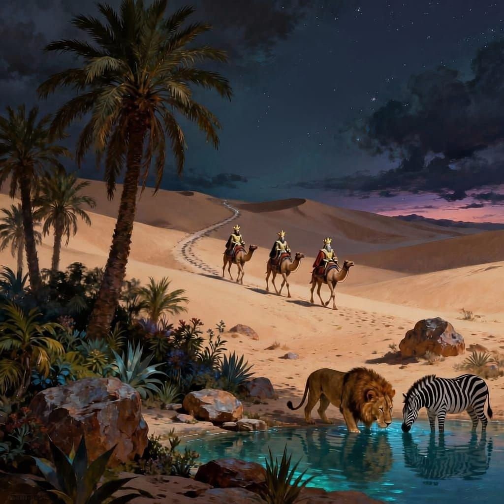 Desert Oasis Under Comet: Kings Follow Star