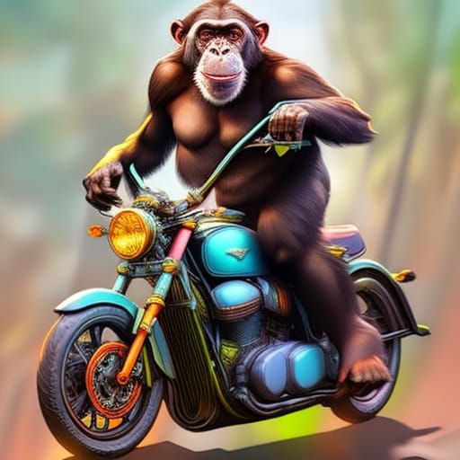 A Majestic Chimpanzee Rides a Gleaming Motorbike in Bright C...