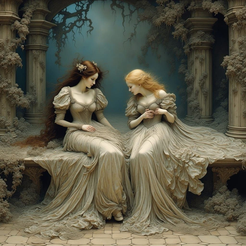 Underwater Palace Scene with Women in Period Fashion
