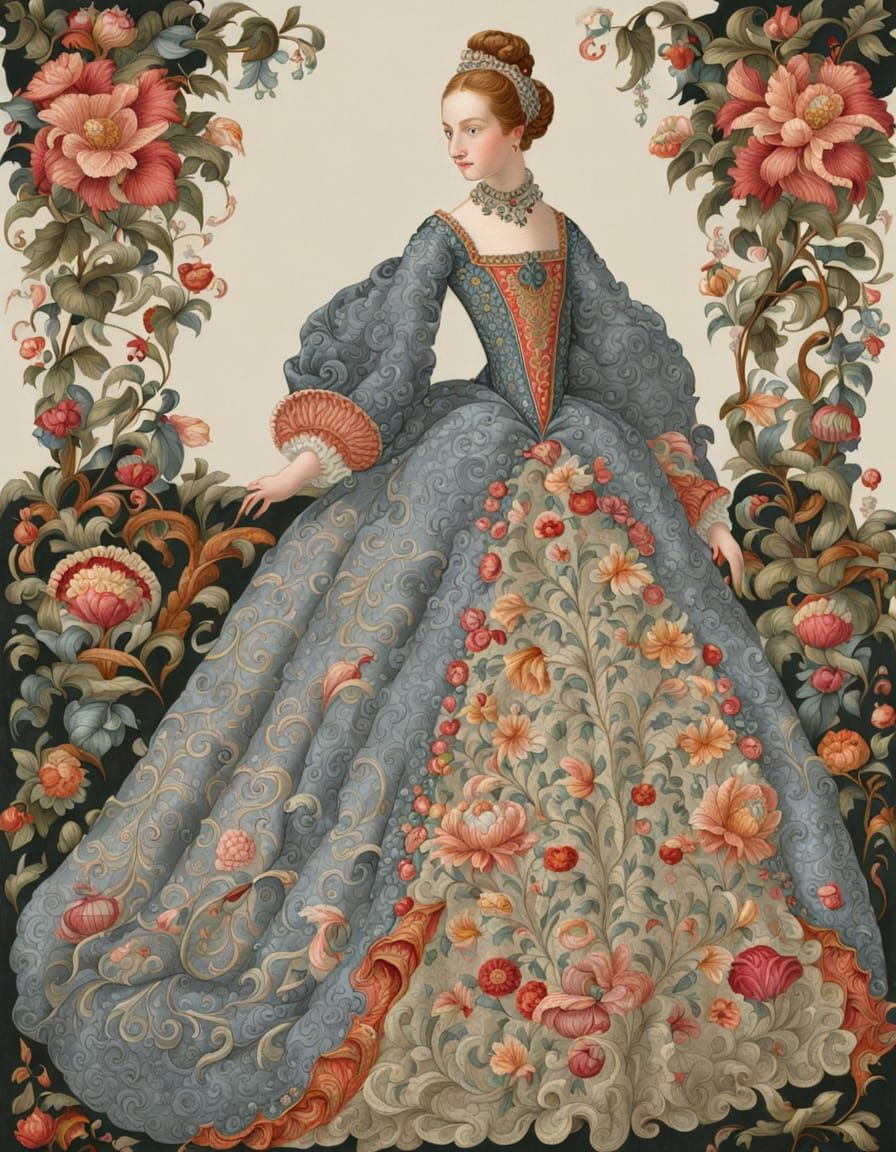 Princess in Luminous Jacobean Crewelwork Gown