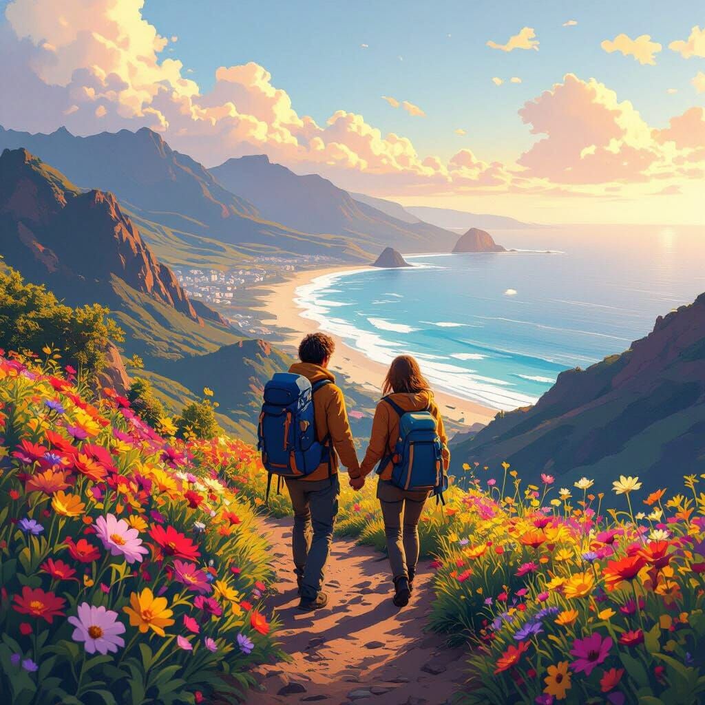 Couple Hiking Floral Mountain with Ocean View