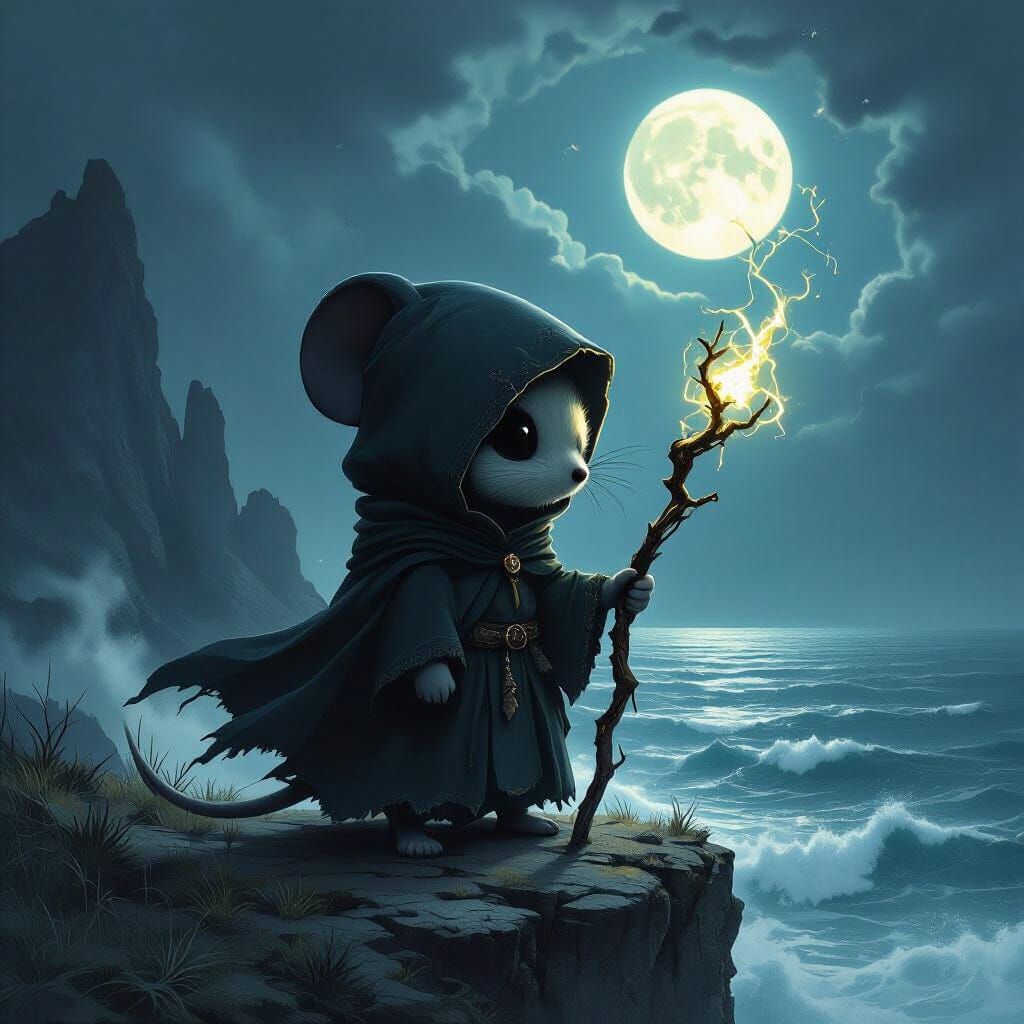 Chibi Mouse on Cliff Overlooking Stormy Sea