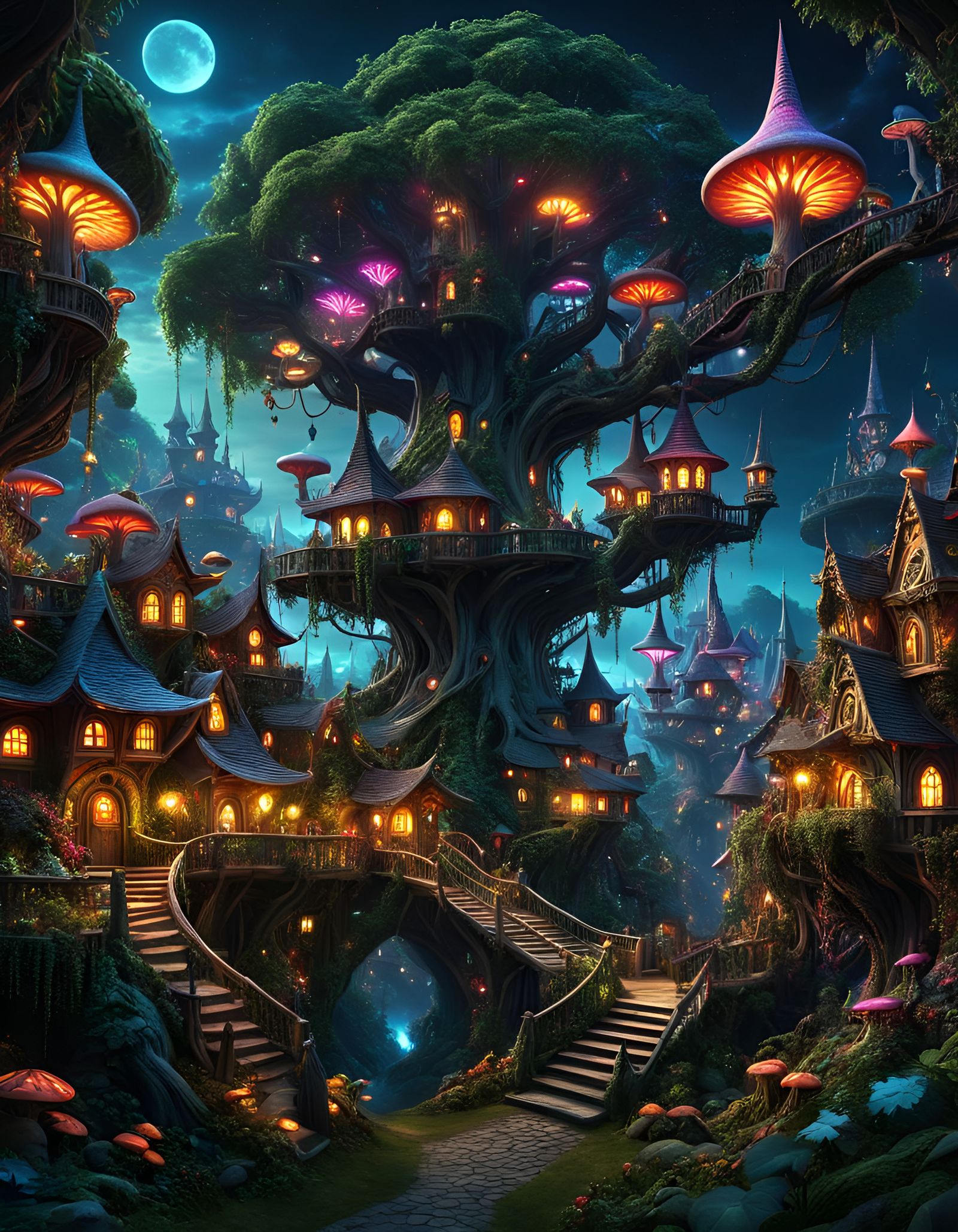 Glowing Goblincore Cityscape Amidst Twisted Dark Fantasy Tre...