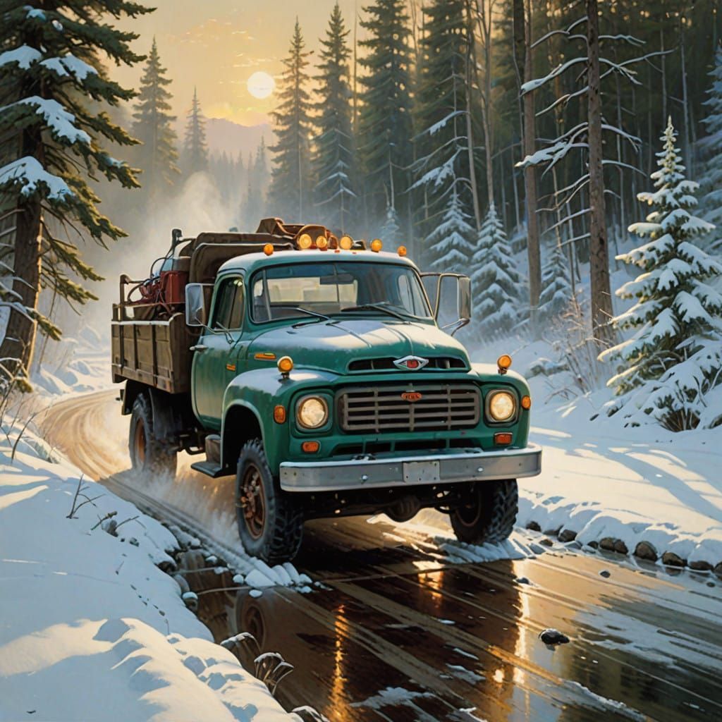 Tow Truck Rescues Car from Snowy Embankment in Gouache Style
