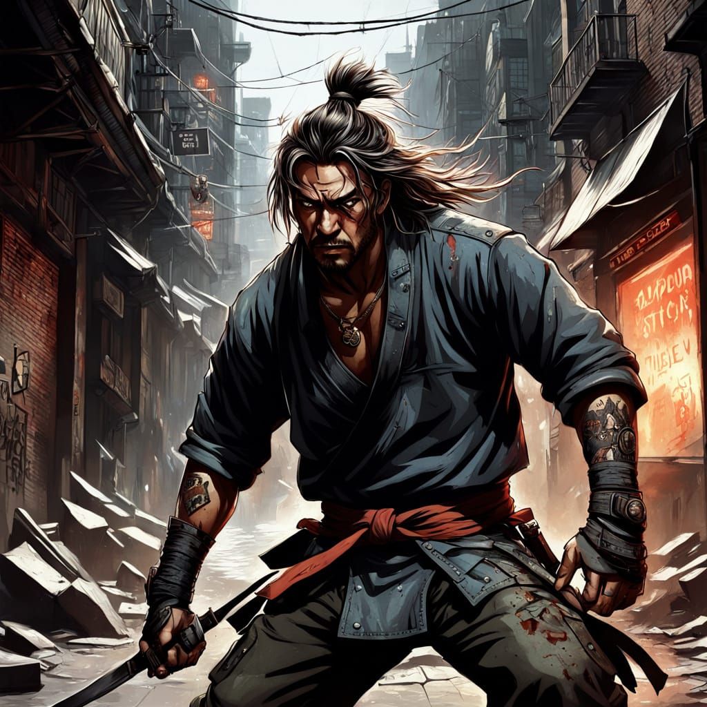 Samurai Warrior Battles Chaotic Man in Gritty Urban Alley