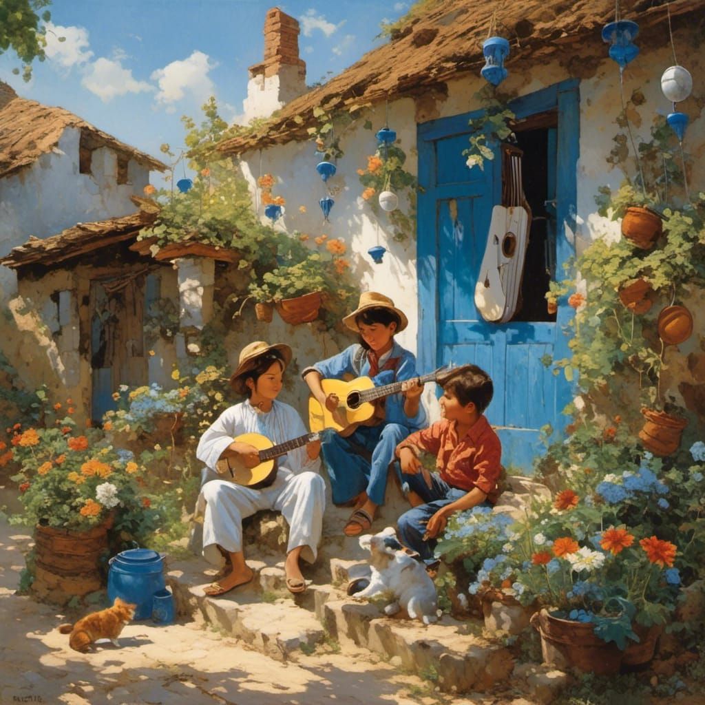 Hyperrealistic Blue and White House Scene with Wind Chimes a...